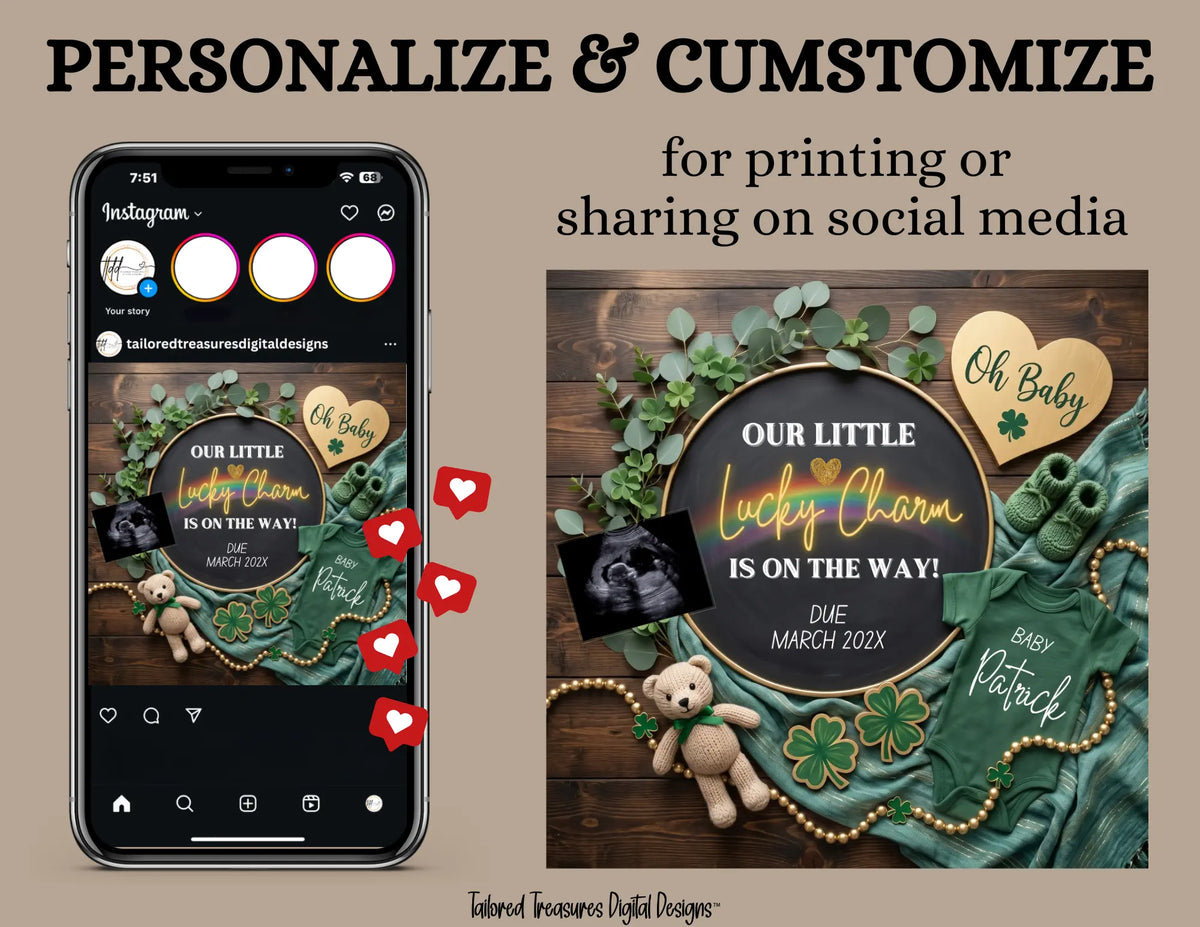 St. Patrick’s Lucky Charm Baby Reveal Digital Editable Template, Canva Instant Download TailoredTreasuresDigitalDesigns™