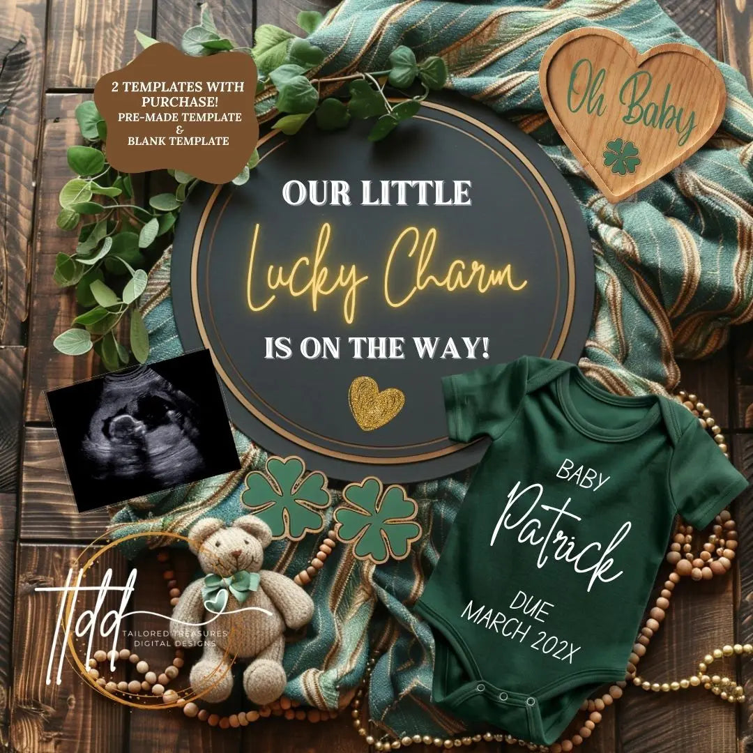 Digital St Patrick's Pregnancy Announcement, Lucky Charm, Customizable March Themed, Personalized Editable Template TailoredTreasuresDigitalDesigns™