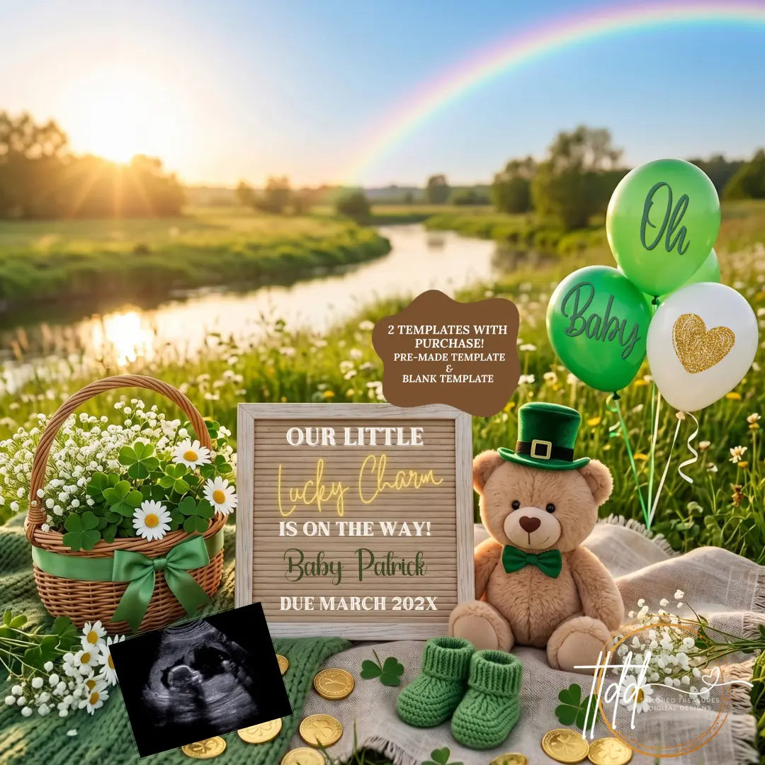 St. Patrick's Day Pregnancy Announcement Template | Our Little Lucky Charm | Editable Canva Digital Download TailoredTreasuresDigitalDesigns™