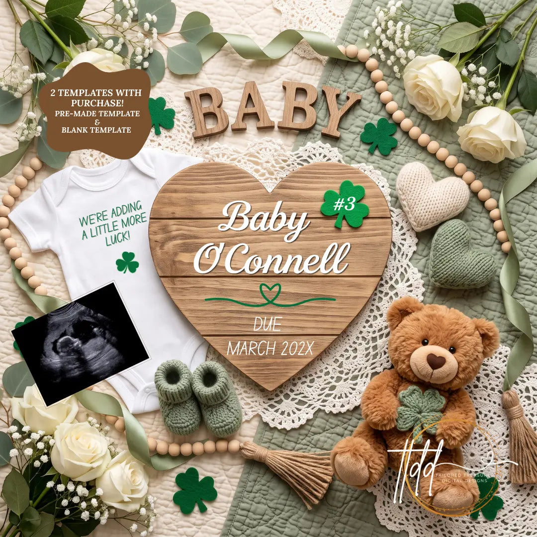St. Patrick's Day Pregnancy Announcement Template | We're Adding a Little More Luck | Surname Sign | Editable Canva Digital Download TailoredTreasuresDigitalDesigns™