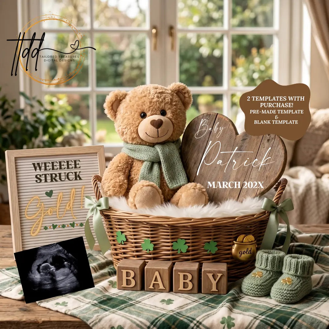 St. Patrick's Day Pregnancy Announcement Template | We Struck Gold | Editable Canva Digital Download TailoredTreasuresDigitalDesigns™