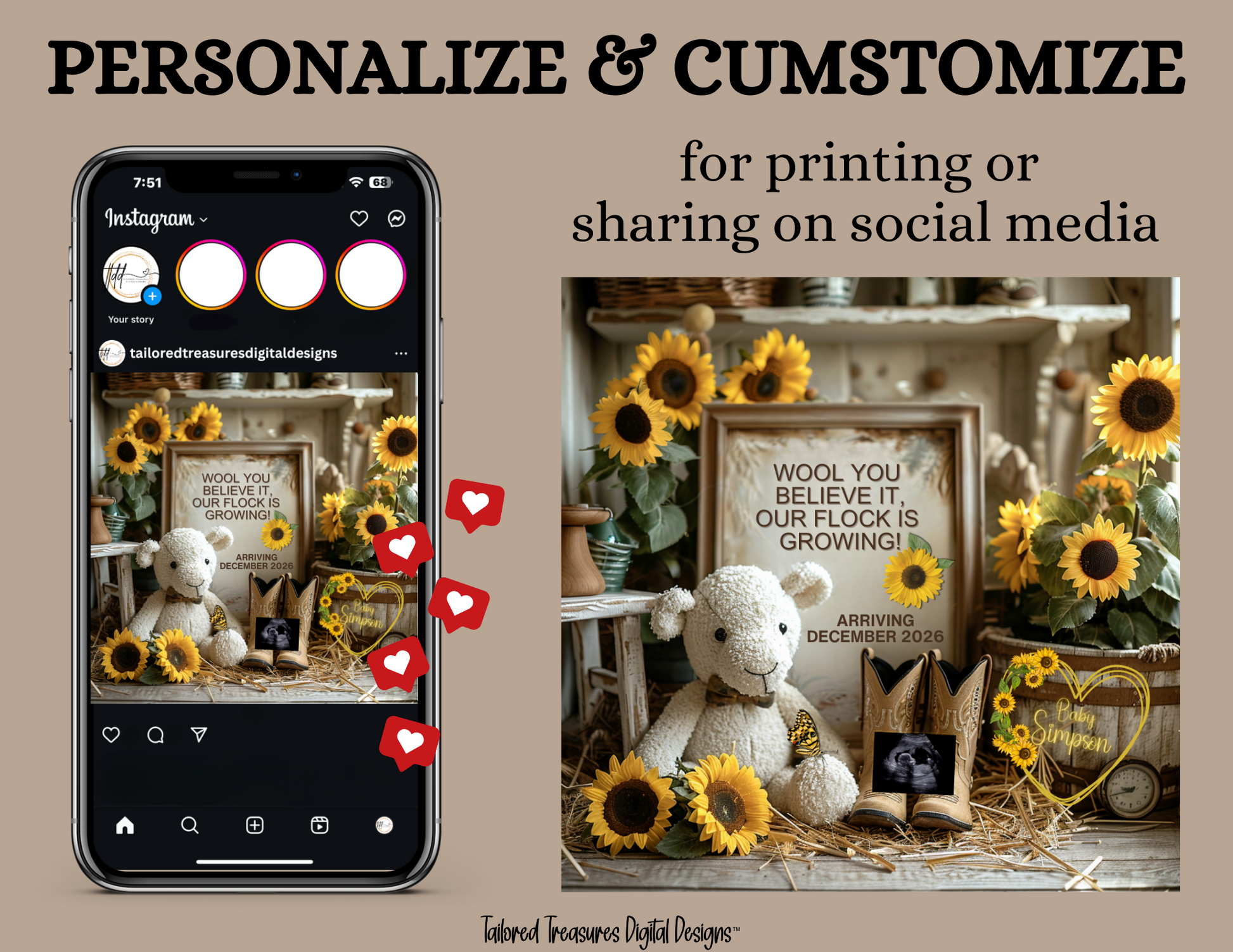 Digital Barn Pregnancy Announcement, Wool You Believe It, Customizable Farm Themed, Personalized Editable Template TailoredTreasuresDigitalDesigns™