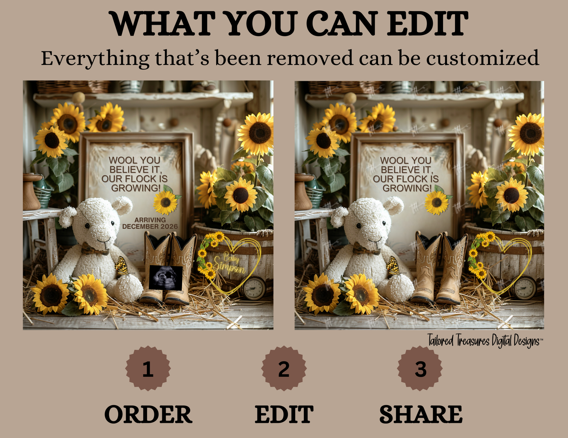 Digital Barn Pregnancy Announcement, Wool You Believe It, Customizable Farm Themed, Personalized Editable Template TailoredTreasuresDigitalDesigns™