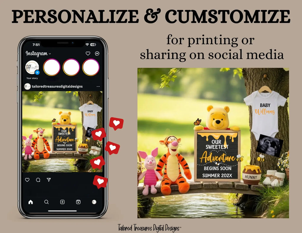 Our Sweetest Adventure Pregnancy Announcement, Disney Winnie the Pooh Baby Reveal, Digital Editable Template - TailoredTreasuresDigitalDesigns™