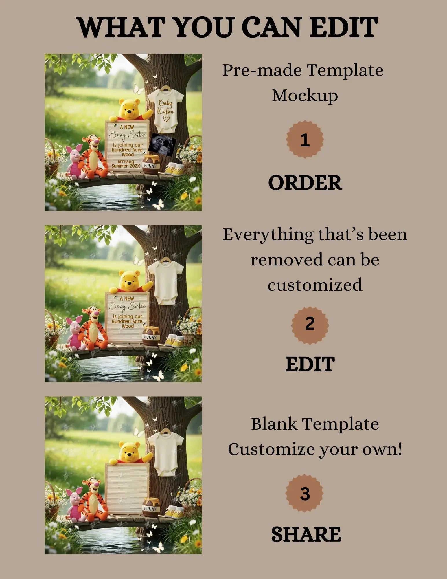 A New Baby Sister Pregnancy Announcement, Disney Winnie the Pooh Baby Reveal, It's A Girl Template TailoredTreasuresDigitalDesigns™