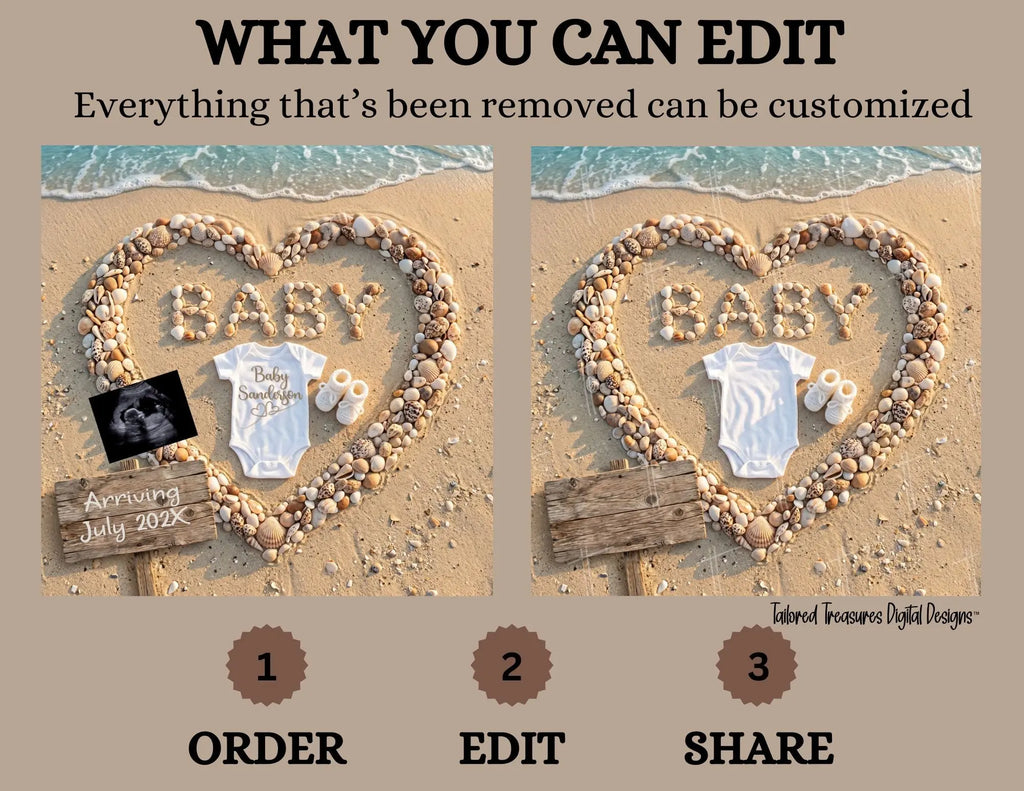 Digital Seashell Pregnancy Announcement, Baby Surname, Customizable Beach Themed, Personalized Editable Template TailoredTreasuresDigitalDesigns™