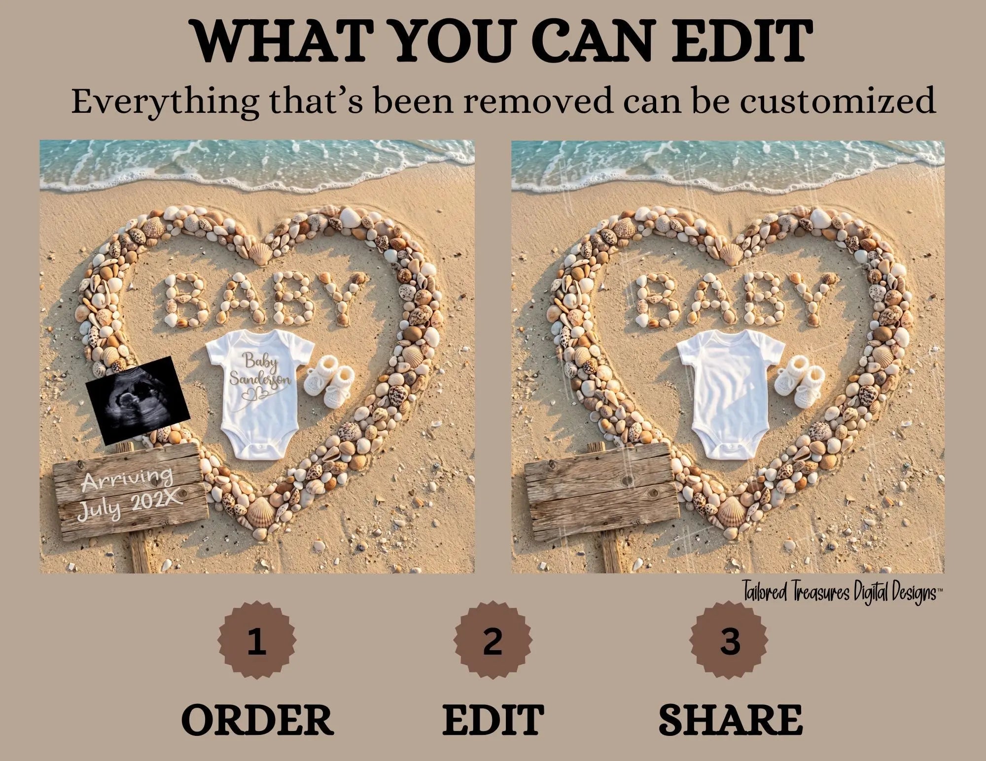 Digital Seashell Pregnancy Announcement, Baby Surname, Customizable Beach Themed, Personalized Editable Template TailoredTreasuresDigitalDesigns™