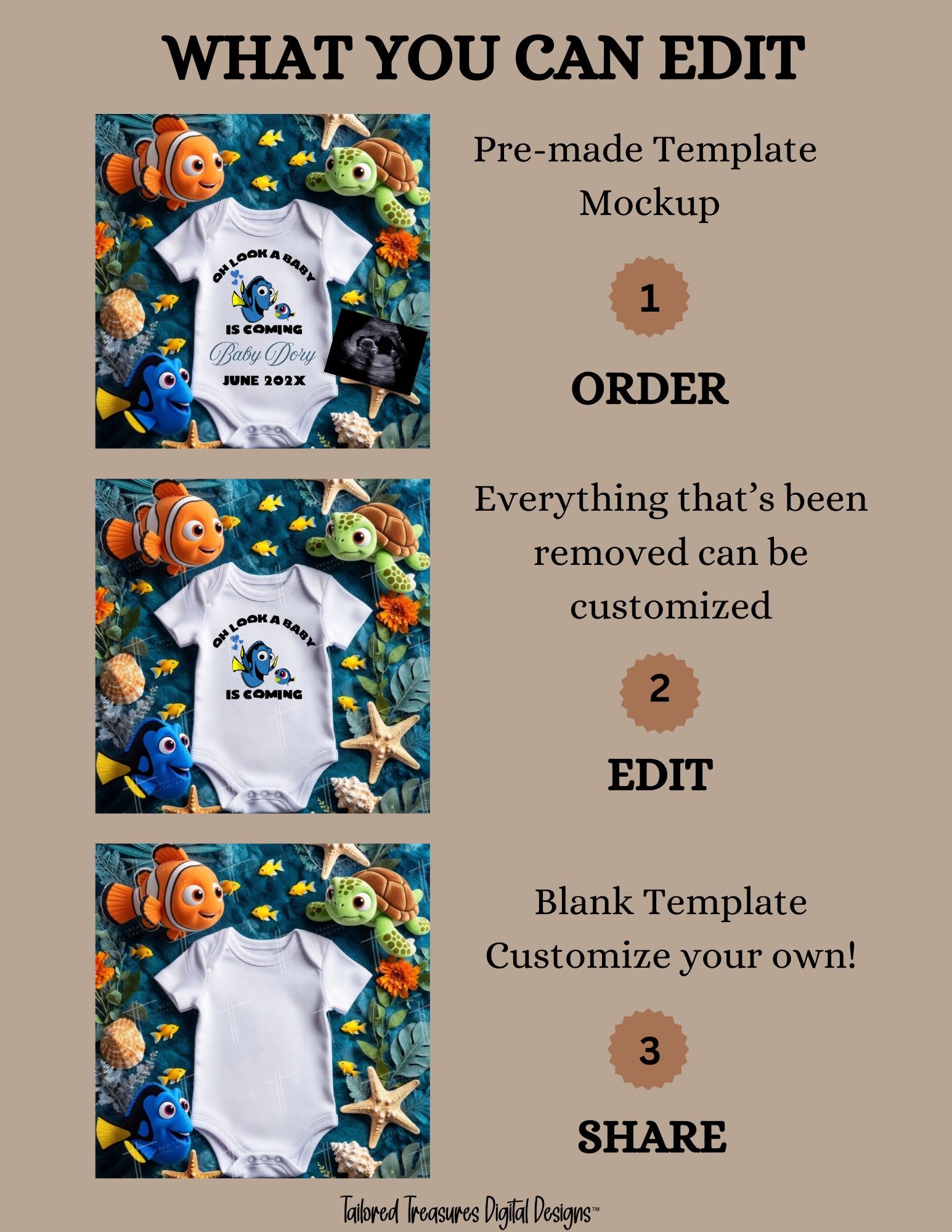 Finding Dory Baby Reveal Digital Editable Template, Disney Cute Canva Instant Download