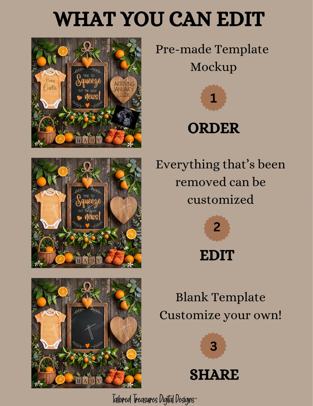 Orange Pregnancy Announcement Template, Squeeze Out the Good News Editable Canva Design TailoredTreasuresDigitalDesigns™