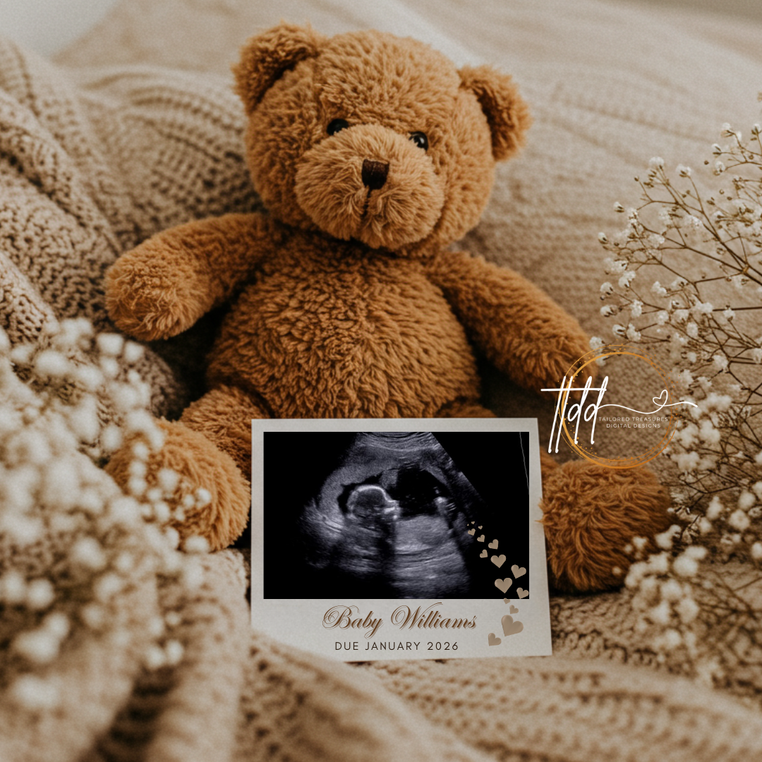 Brown teddy bear with a framed ultrasound photo on a textured surface with flowers.