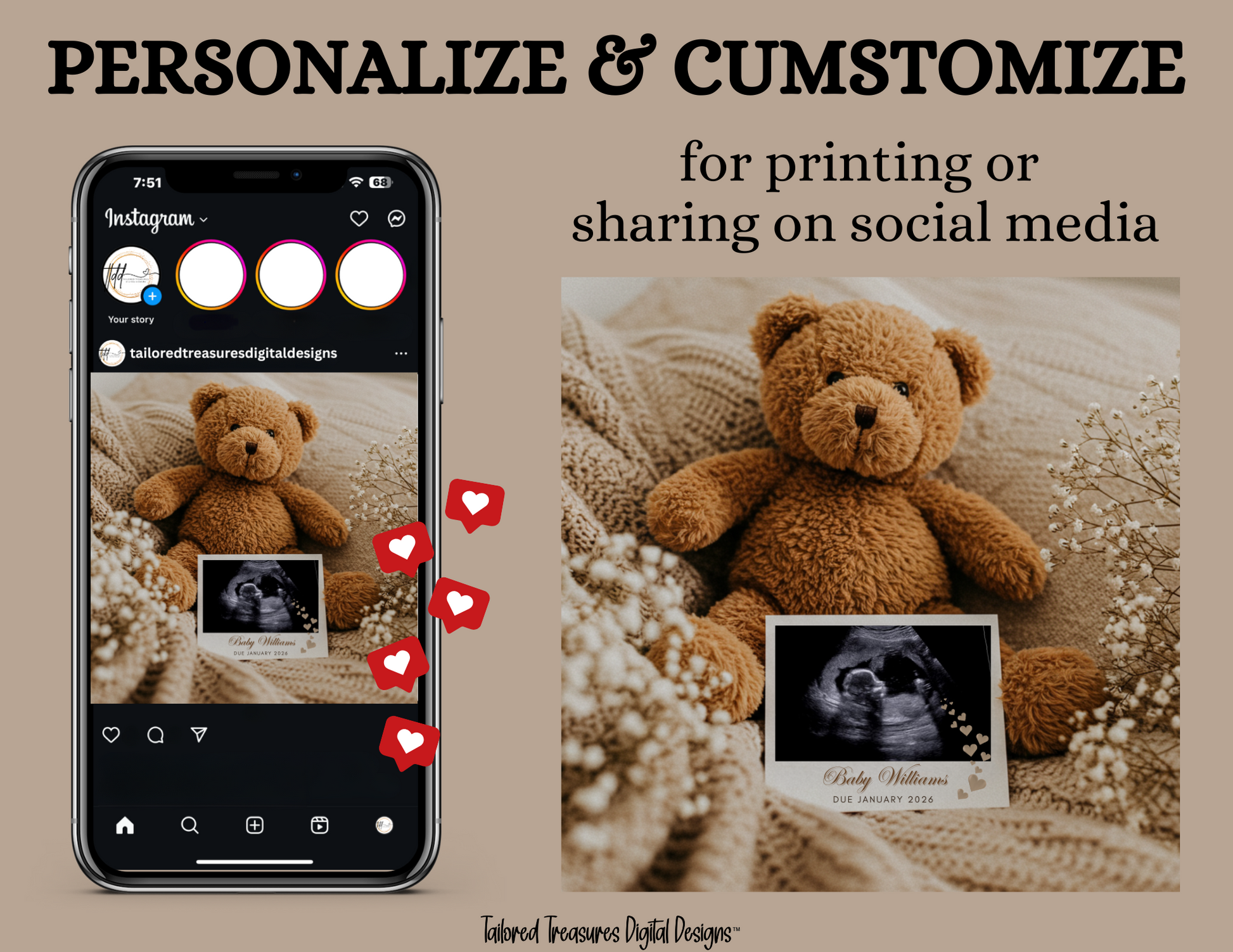 Phone displaying an Instagram app with a teddy bear and ultrasound photo, surrounded by a teddy bear and baby shower decorations.