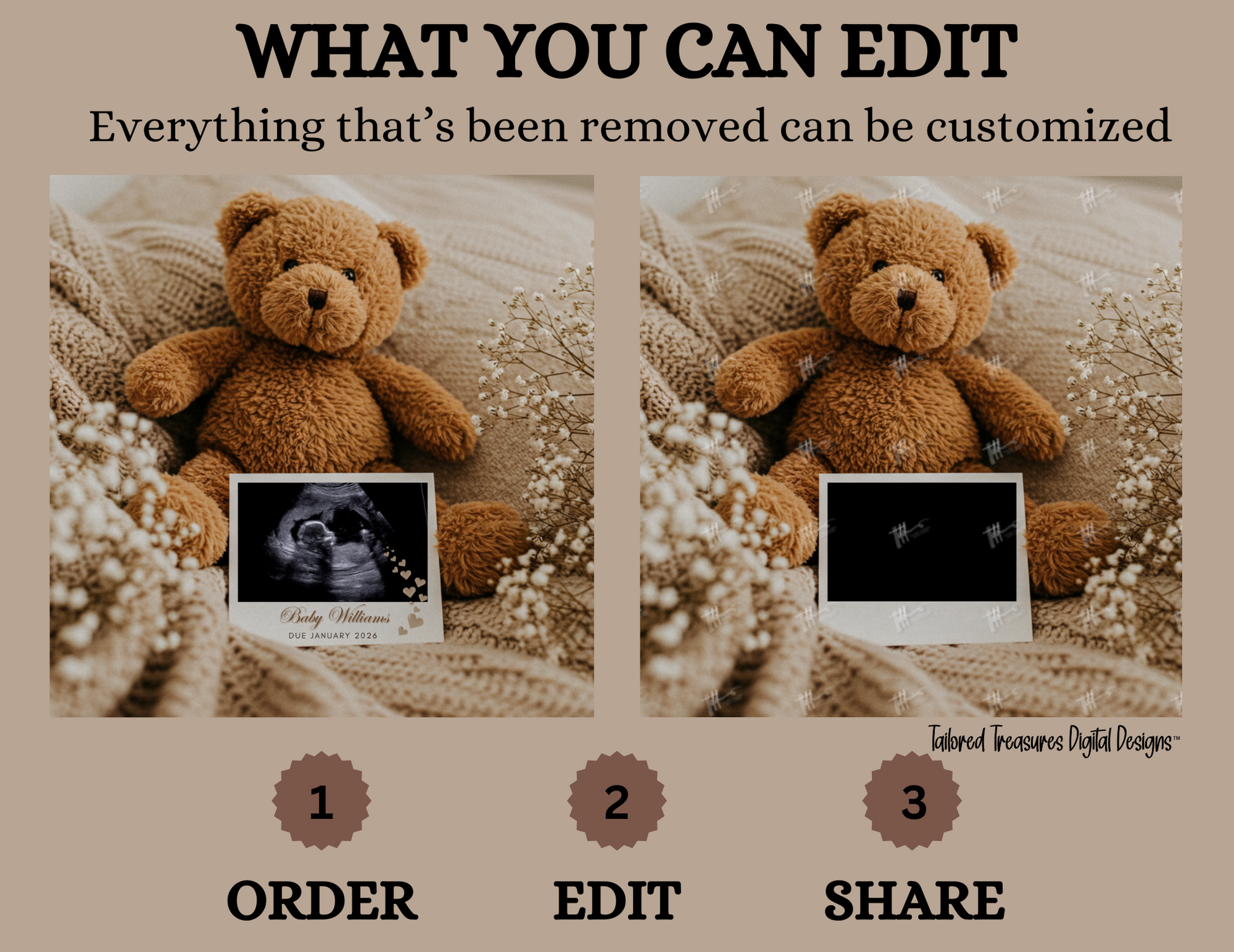 Teddy bear with ultrasound photo on a textured background, showing editing process.