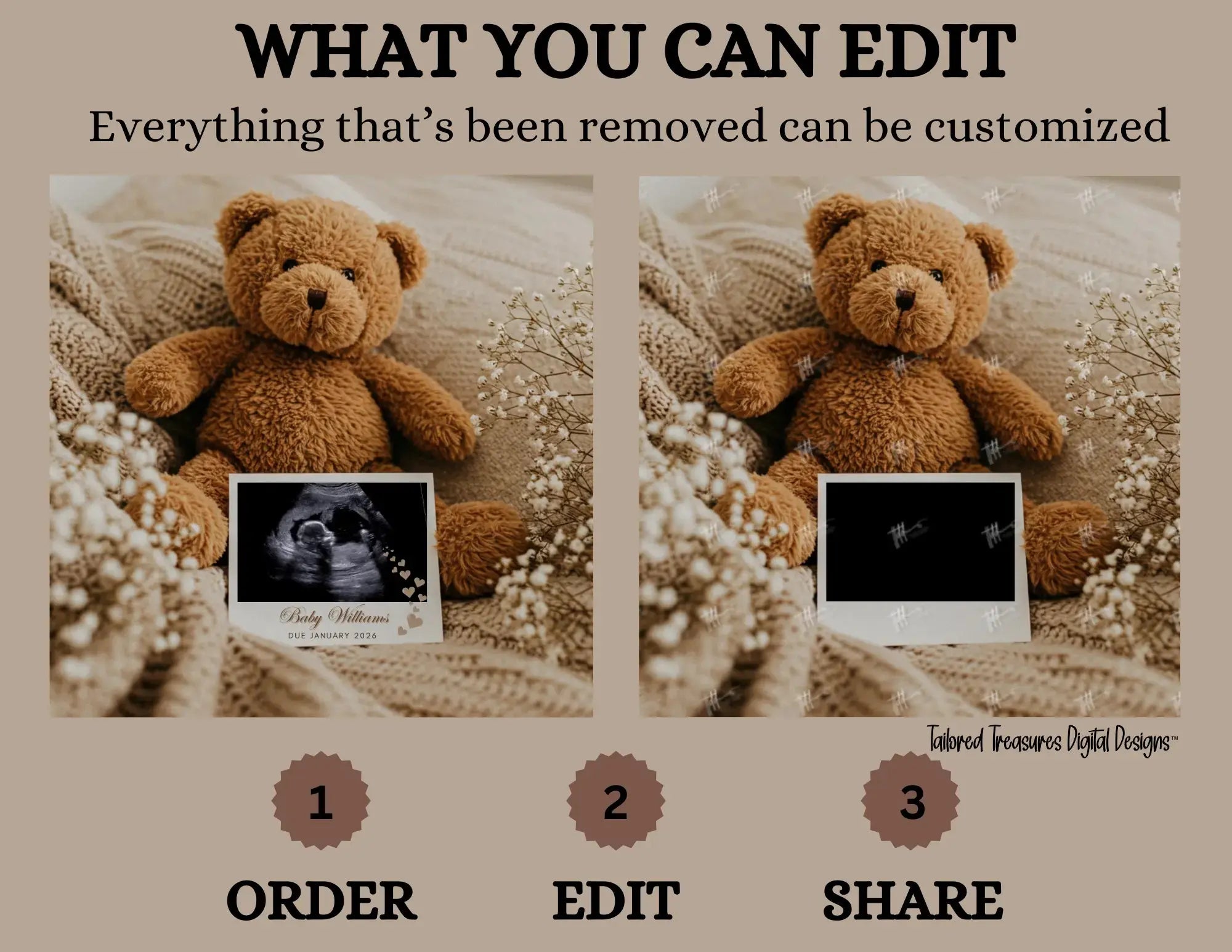 Boho Neutral Teddy Bear, Minimalist Digital Pregnancy Announcement - TailoredTreasuresDigitalDesigns™