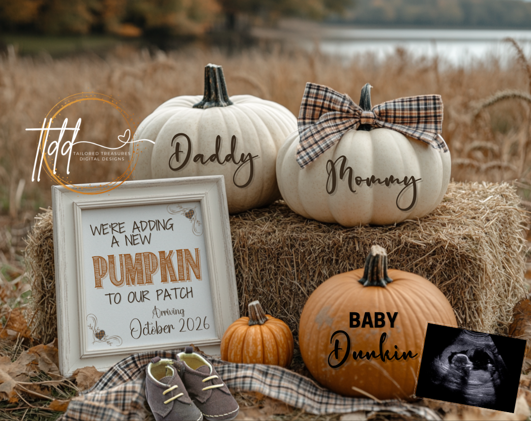 Digital Pregnancy Announcement, Adding A Pumpkin to Our Patch, Customizable Fall Themed, Personalized Editable Template TailoredTreasuresDigitalDesigns™