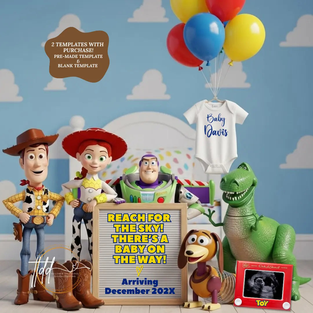 Reach for The Sky There’s a Baby on the Way! Disney Toy Story Digital Pregnancy Announcement Fully Customizable Editable Template TailoredTreasuresDigitalDesigns™