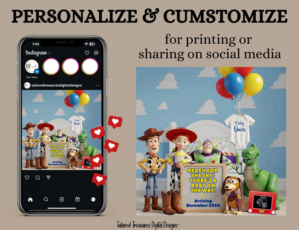 Reach for The Sky There’s a Baby on the Way! Disney Toy Story Digital Pregnancy Announcement Fully Customizable Editable Template TailoredTreasuresDigitalDesigns™