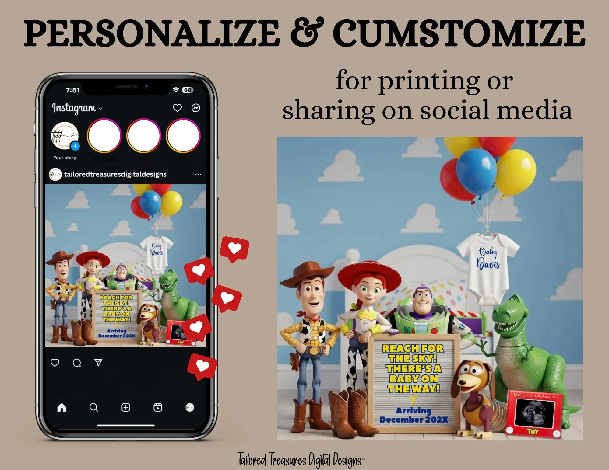 Reach for The Sky There’s a Baby on the Way! Disney Toy Story Digital Pregnancy Announcement Fully Customizable Editable Template TailoredTreasuresDigitalDesigns™