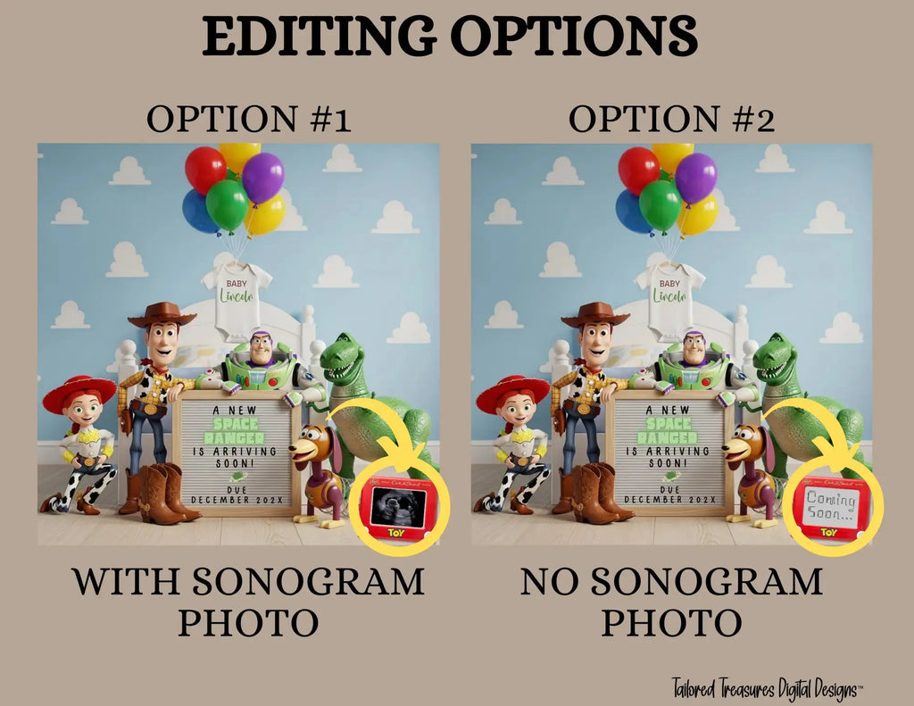 A New Space Ranger is Arriving Soon! Disney Toy Story Digital Pregnancy Announcement Fully Customizable Editable Template TailoredTreasuresDigitalDesigns™