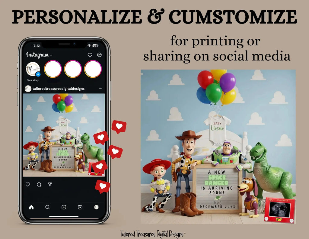 A New Space Ranger is Arriving Soon! Disney Toy Story Digital Pregnancy Announcement Fully Customizable Editable Template TailoredTreasuresDigitalDesigns™
