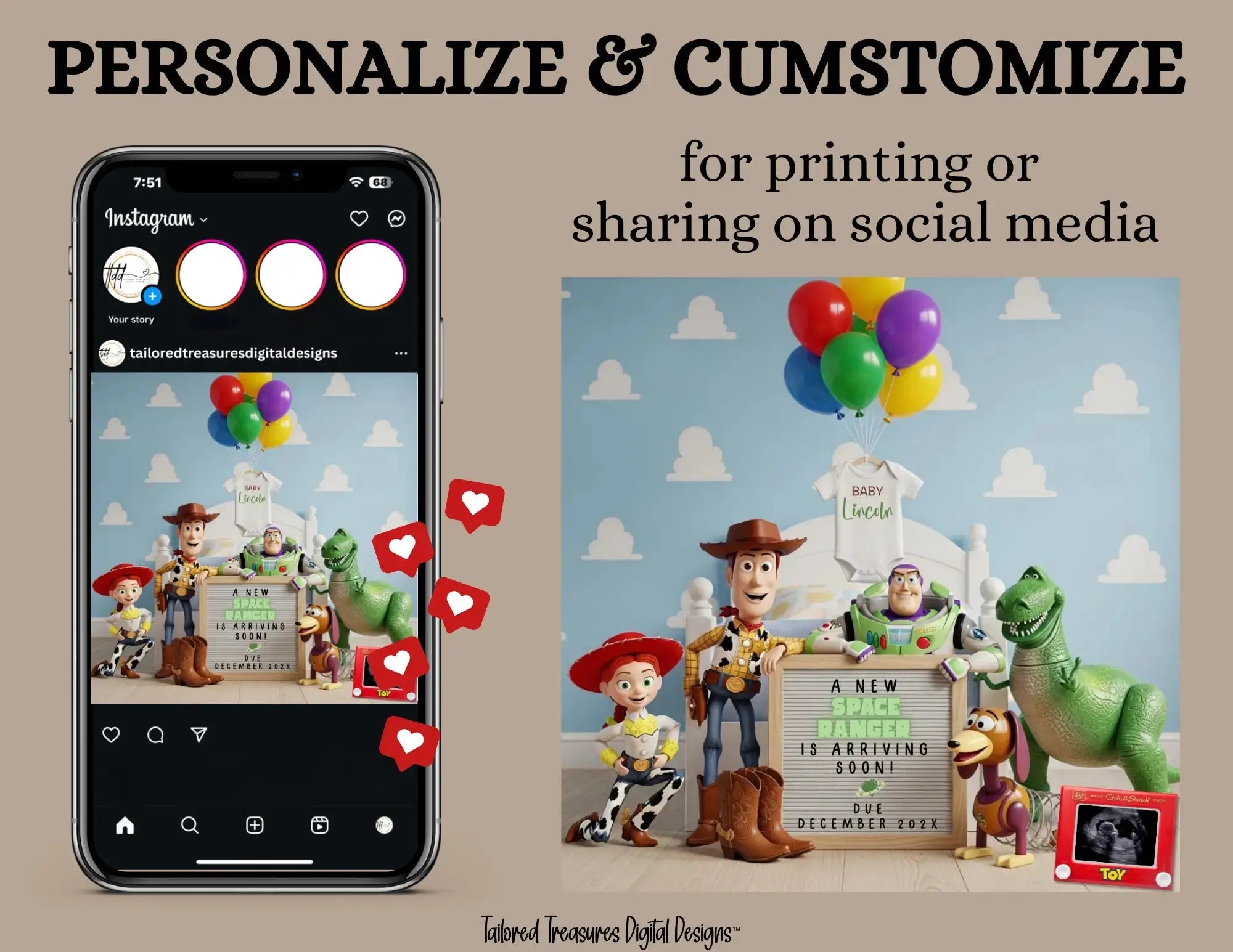 A New Space Ranger is Arriving Soon! Disney Toy Story Digital Pregnancy Announcement Fully Customizable Editable Template TailoredTreasuresDigitalDesigns™
