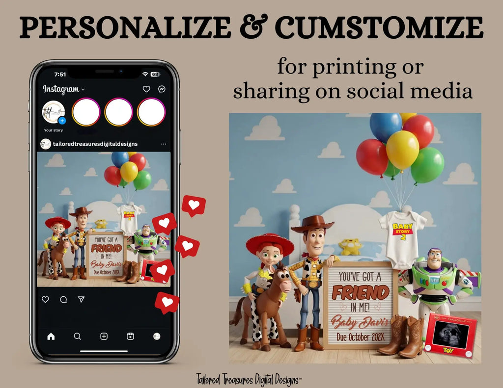 You’ve Got a Friend in Me!, Disney Toy Story Digital Pregnancy Announcement Fully Customizable Editable Template TailoredTreasuresDigitalDesigns™
