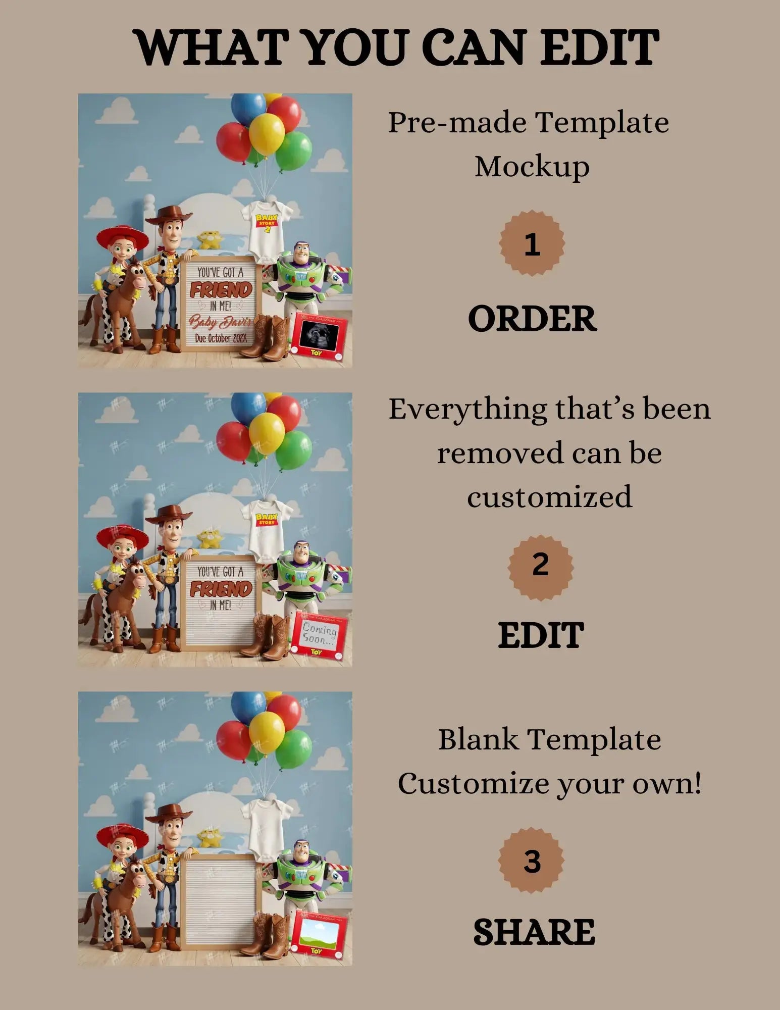You’ve Got a Friend in Me!, Disney Toy Story Digital Pregnancy Announcement Fully Customizable Editable Template TailoredTreasuresDigitalDesigns™