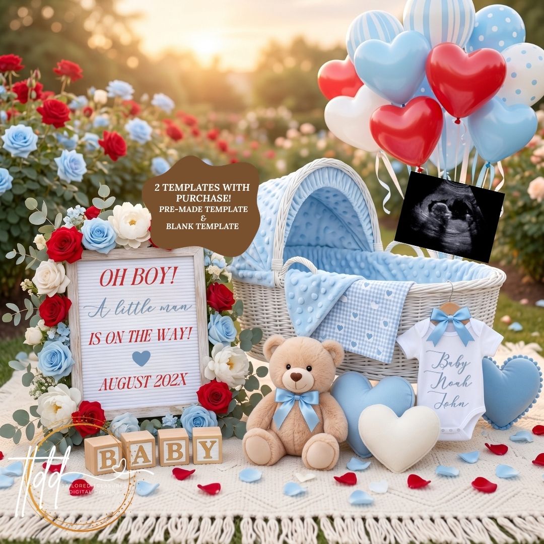 It's a Boy Pregnancy Announcement Template | Valentine Floral Editable Canva TailoredTreasuresDigitalDesigns™