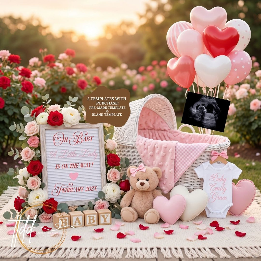 It's a Girl Pregnancy Announcement Template | Valentine Floral Fully Editable Canva TailoredTreasuresDigitalDesigns™
