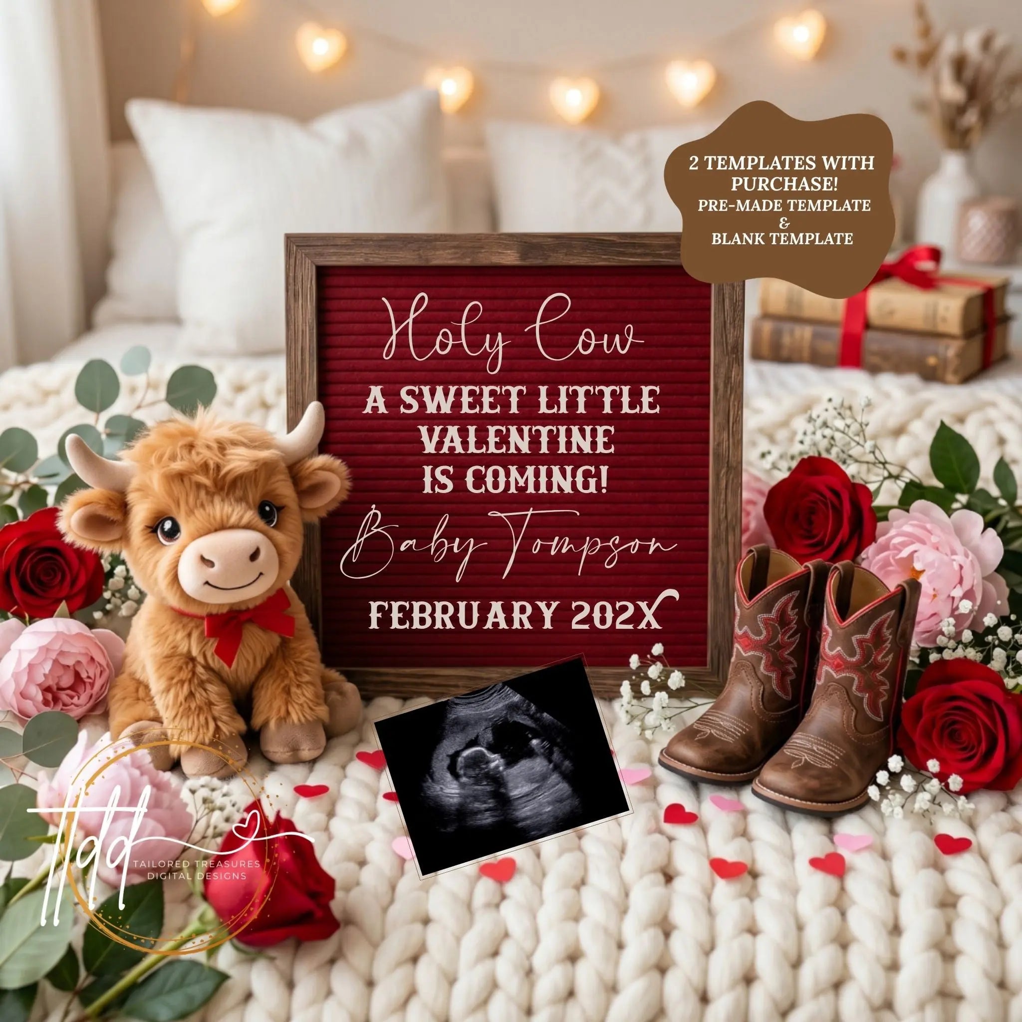 Valentine's Day Pregnancy Announcement Template, Holy Cow We're Having a Baby, Canva Editable, Gender Neutral, Instant Digital Download TailoredTreasuresDigitalDesigns™