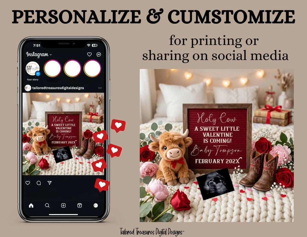 Valentine's Day Pregnancy Announcement Template, Holy Cow We're Having a Baby, Canva Editable, Gender Neutral, Instant Digital Download TailoredTreasuresDigitalDesigns™