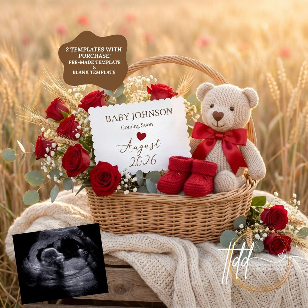 Red Rose Pregnancy Announcement Template | Rustic Boho Baby Reveal | Editable Canva Digital Download TailoredTreasuresDigitalDesigns™