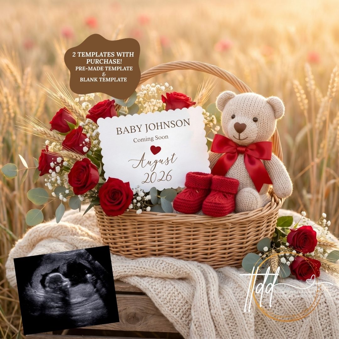 Red Rose Pregnancy Announcement Template | Rustic Boho Baby Reveal | Editable Canva Digital Download TailoredTreasuresDigitalDesigns™
