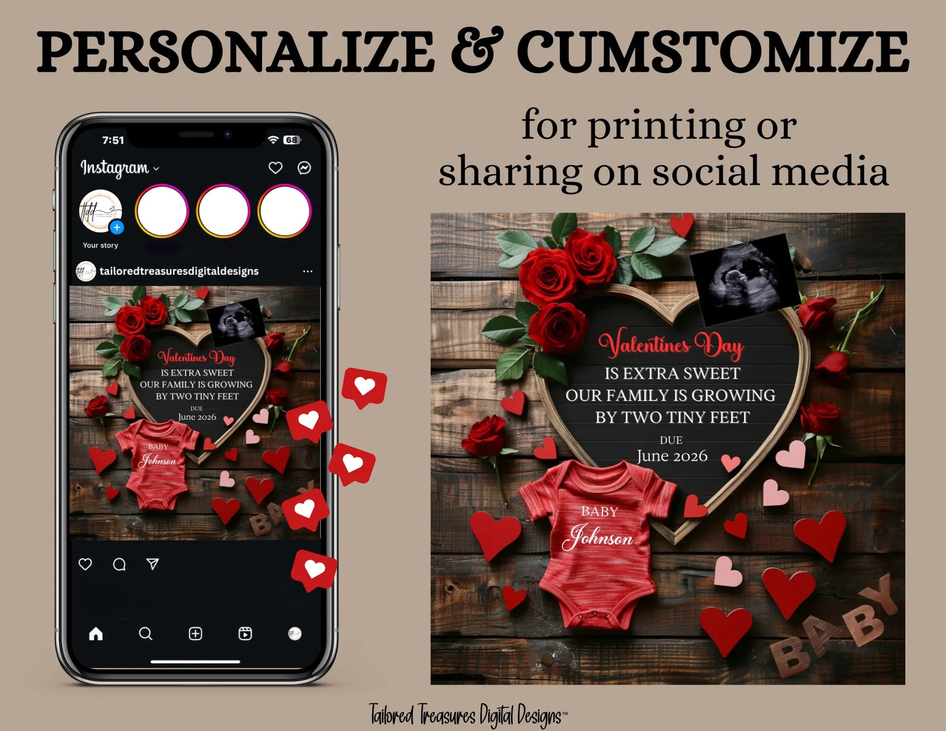 Digital Valentine's Pregnancy Announcement, Extra Sweet, Customizable February Themed, Personalized Editable Template TailoredTreasuresDigitalDesigns™