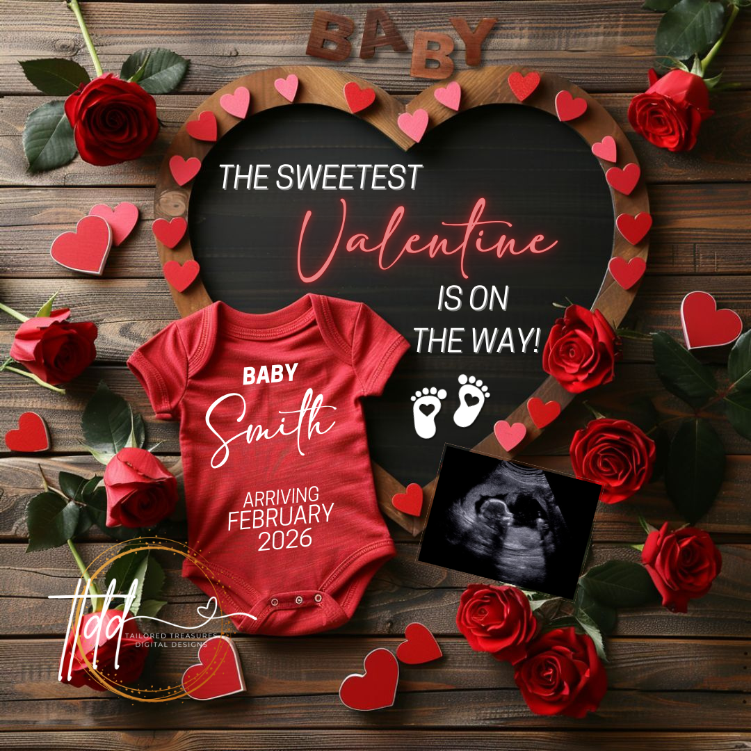Digital Valentine's Pregnancy Announcement, Sweetest Valentine, Customizable February Themed, Personalized Editable Template TailoredTreasuresDigitalDesigns™