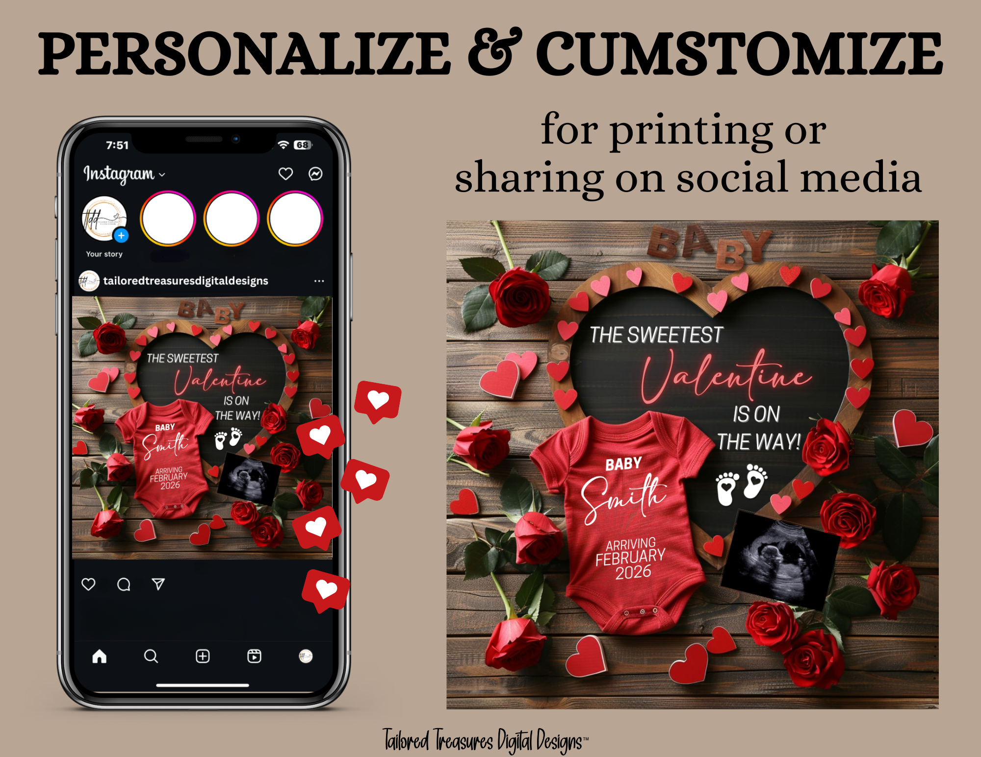 Digital Valentine's Pregnancy Announcement, Sweetest Valentine, Customizable February Themed, Personalized Editable Template TailoredTreasuresDigitalDesigns™