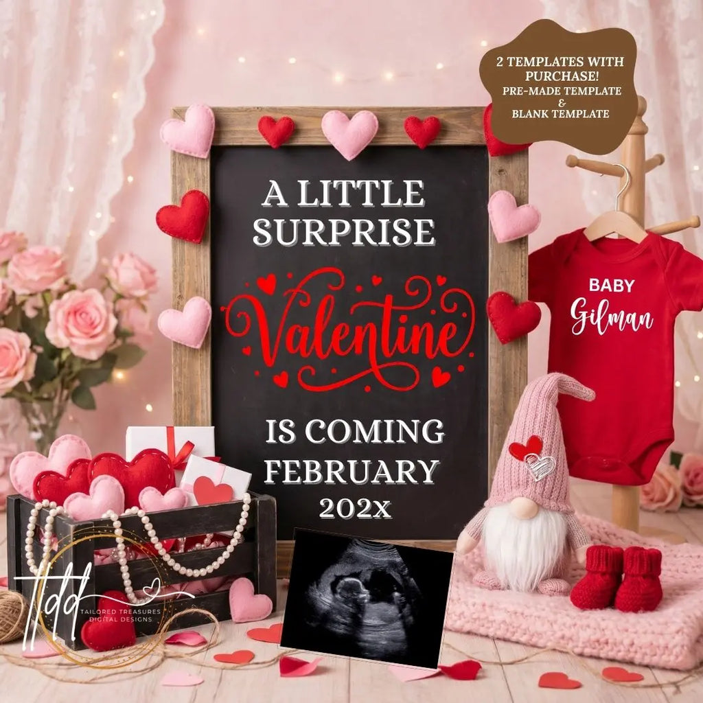 Digital Valentine's Pregnancy Announcement, A Little Surprise, Customizable February Themed, Personalized Editable Template TailoredTreasuresDigitalDesigns™