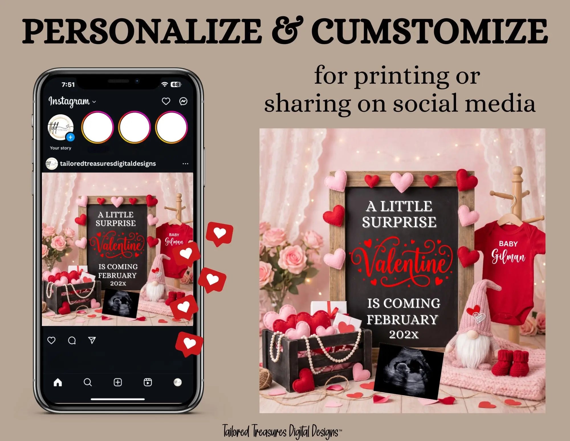 Digital Valentine's Pregnancy Announcement, A Little Surprise, Customizable February Themed, Personalized Editable Template TailoredTreasuresDigitalDesigns™