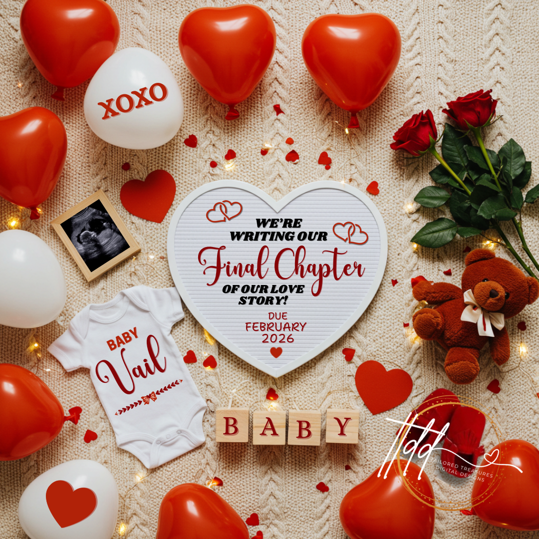 Digital Valentine's Pregnancy Announcement, Final Chapter, Customizable February Themed, Personalized Editable Template TailoredTreasuresDigitalDesigns™