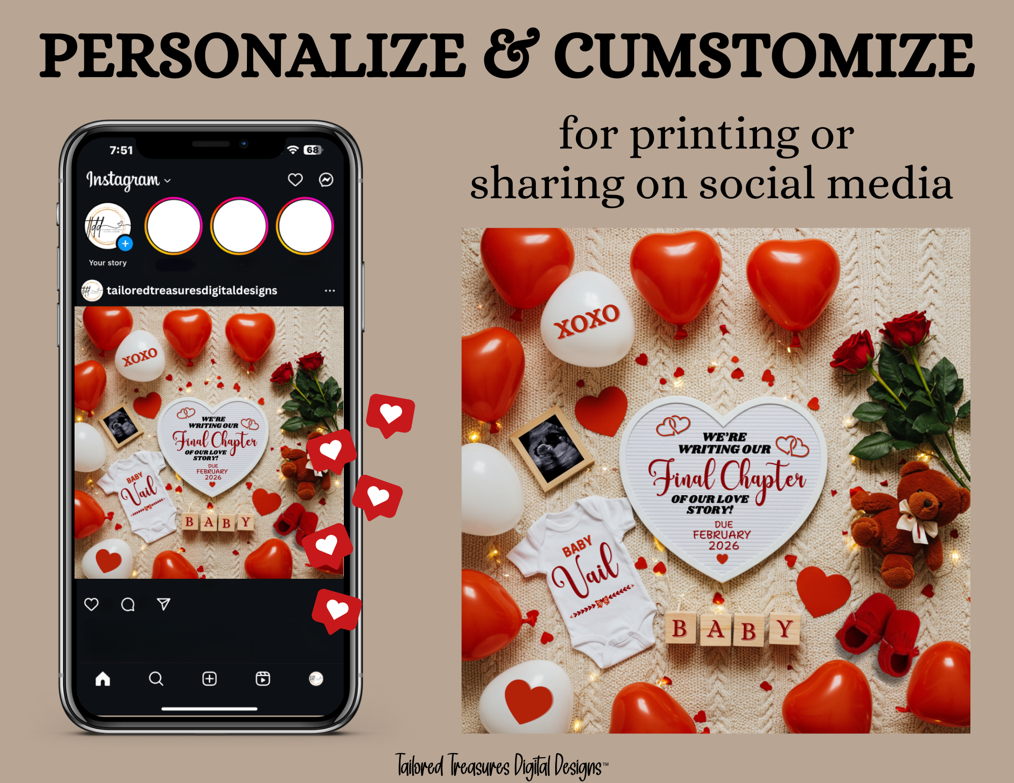 Digital Valentine's Pregnancy Announcement, Final Chapter, Customizable February Themed, Personalized Editable Template TailoredTreasuresDigitalDesigns™