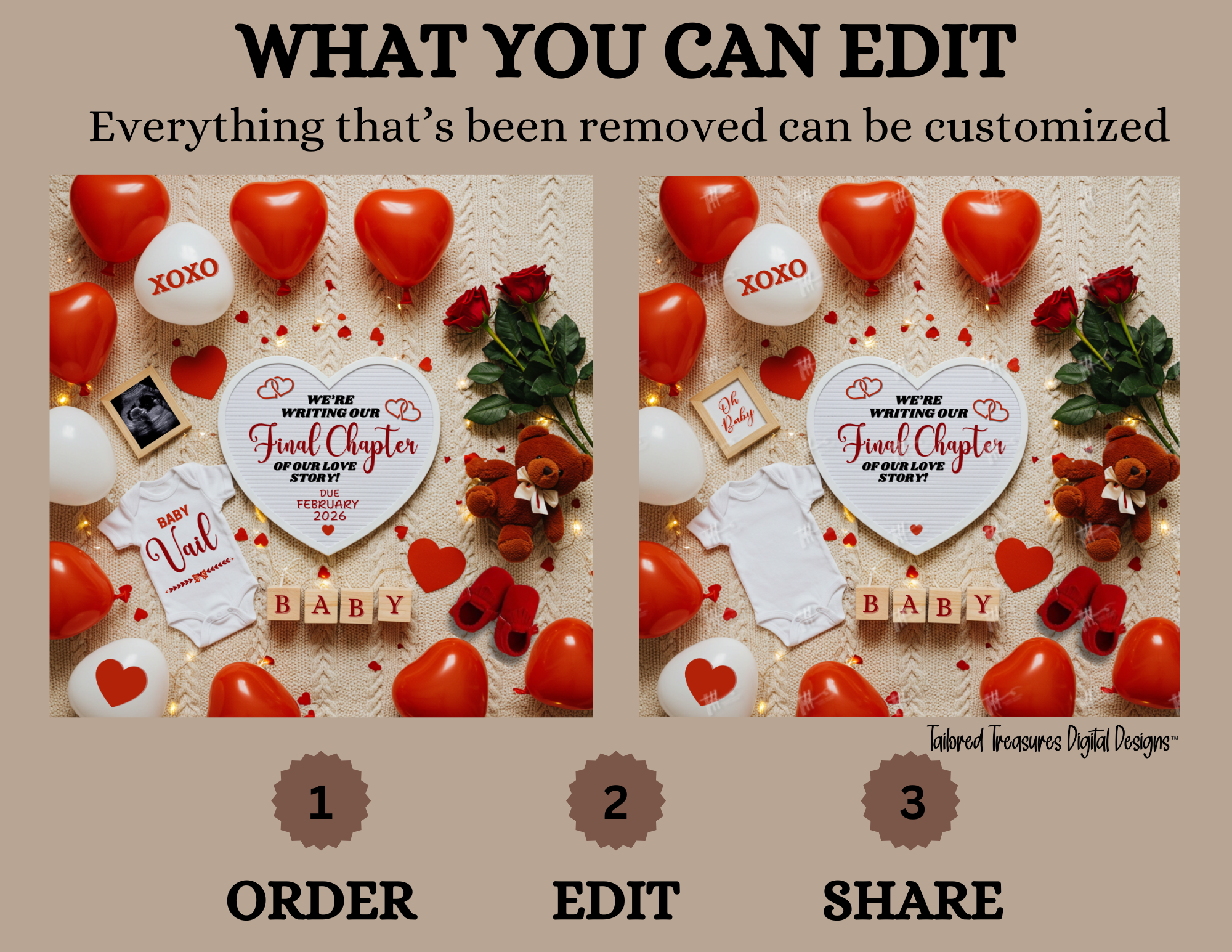 Digital Valentine's Pregnancy Announcement, Final Chapter, Customizable February Themed, Personalized Editable Template TailoredTreasuresDigitalDesigns™