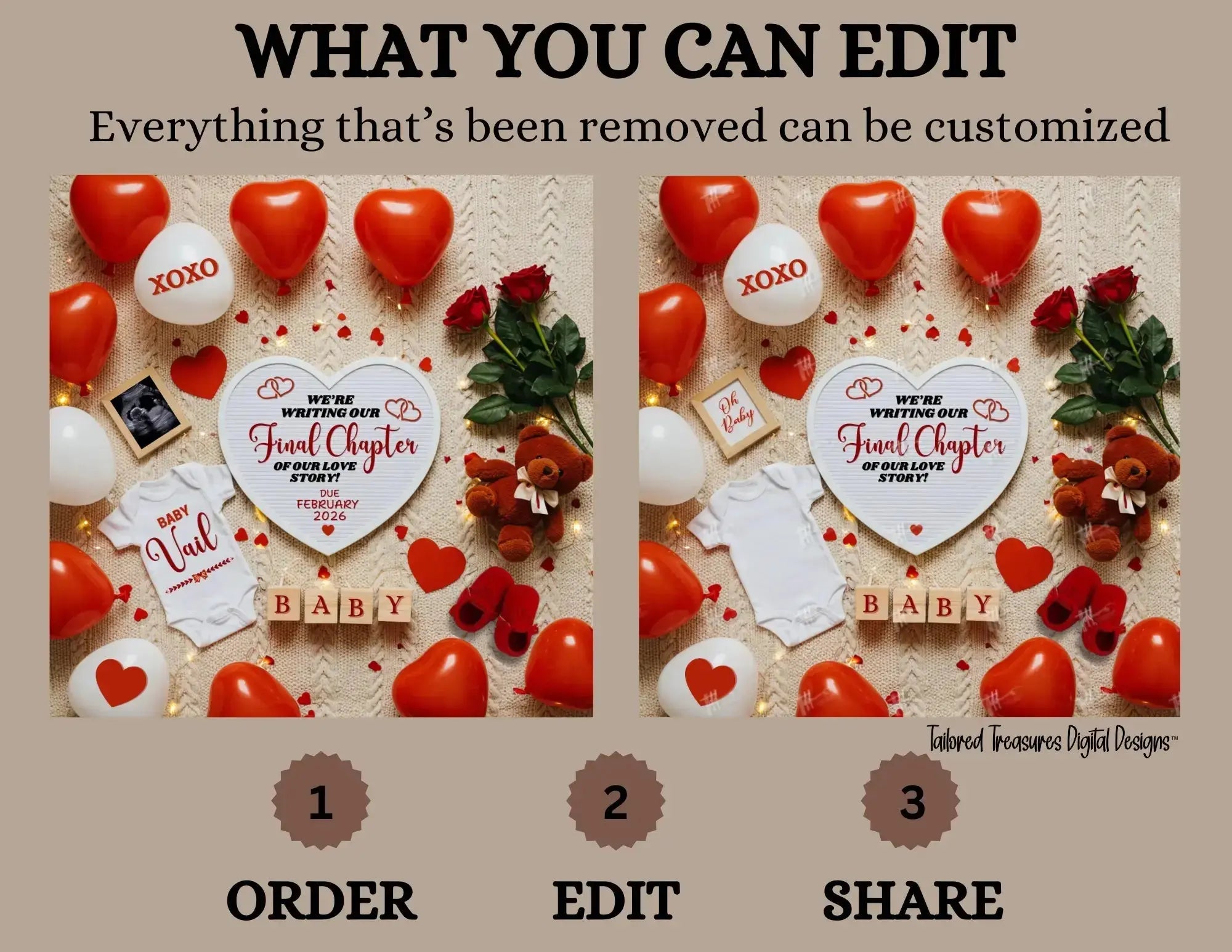 Digital Valentine's Pregnancy Announcement, Final Chapter, Customizable February Themed, Personalized Editable Template TailoredTreasuresDigitalDesigns™