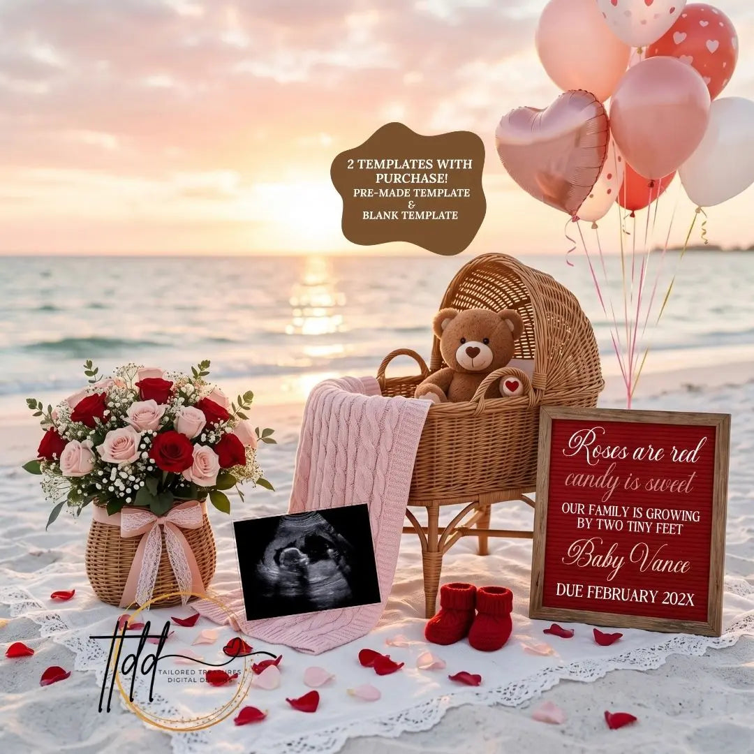 Digital Valentine's Pregnancy Announcement, Roses are Red, Customizable February Themed, Personalized Editable Template TailoredTreasuresDigitalDesigns™