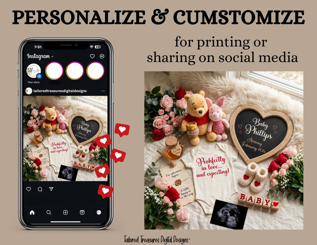 Poohfectly in Love & Expecting – Winnie the Pooh Valentine's Pregnancy Announcement Canva Template TailoredTreasuresDigitalDesigns™