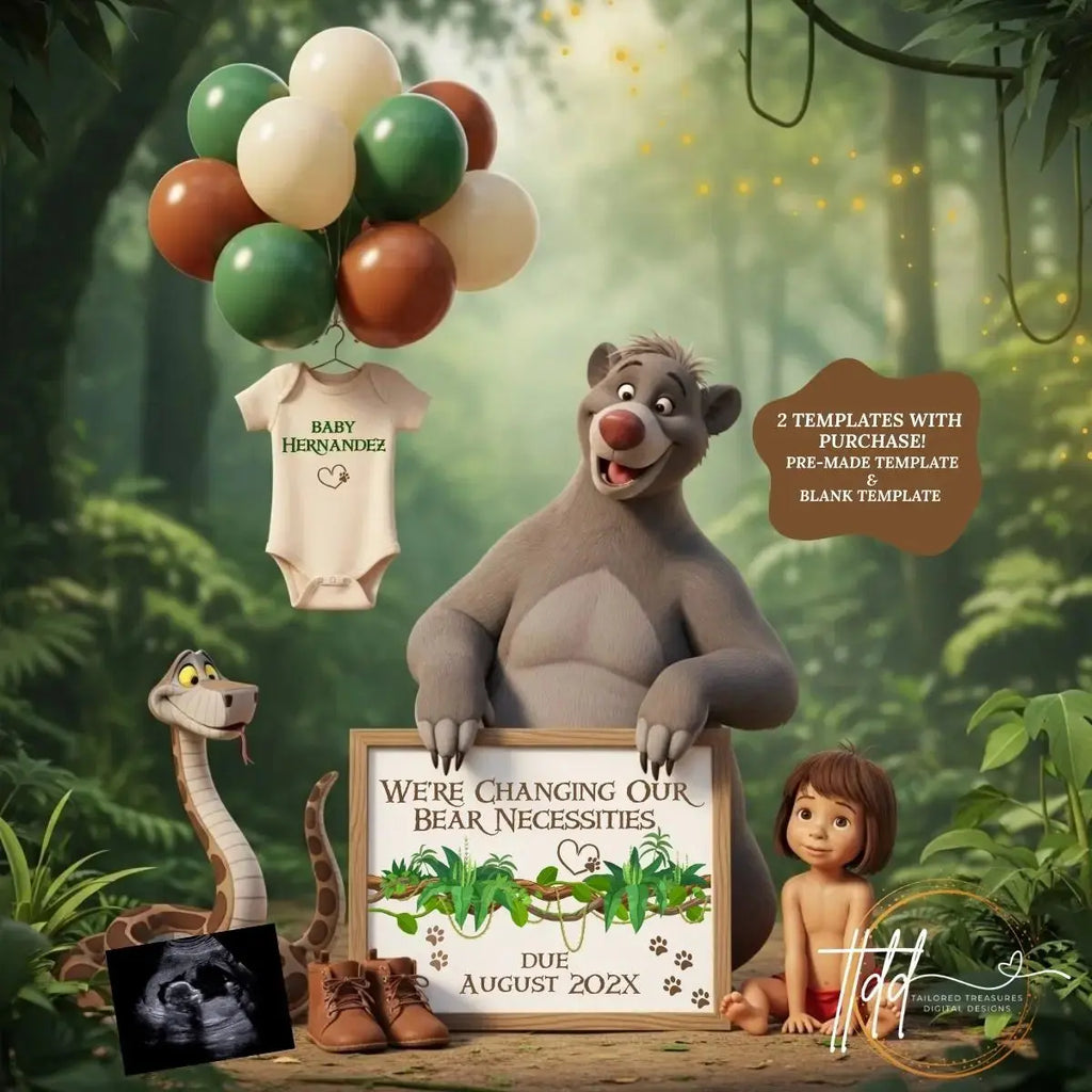 Disney Jungle Book Pregnancy Reveal, We're Changing Our Bear Necessities, Digital Pregnancy Announcement, Customizable Personalized Editable Template TailoredTreasuresDigitalDesigns™