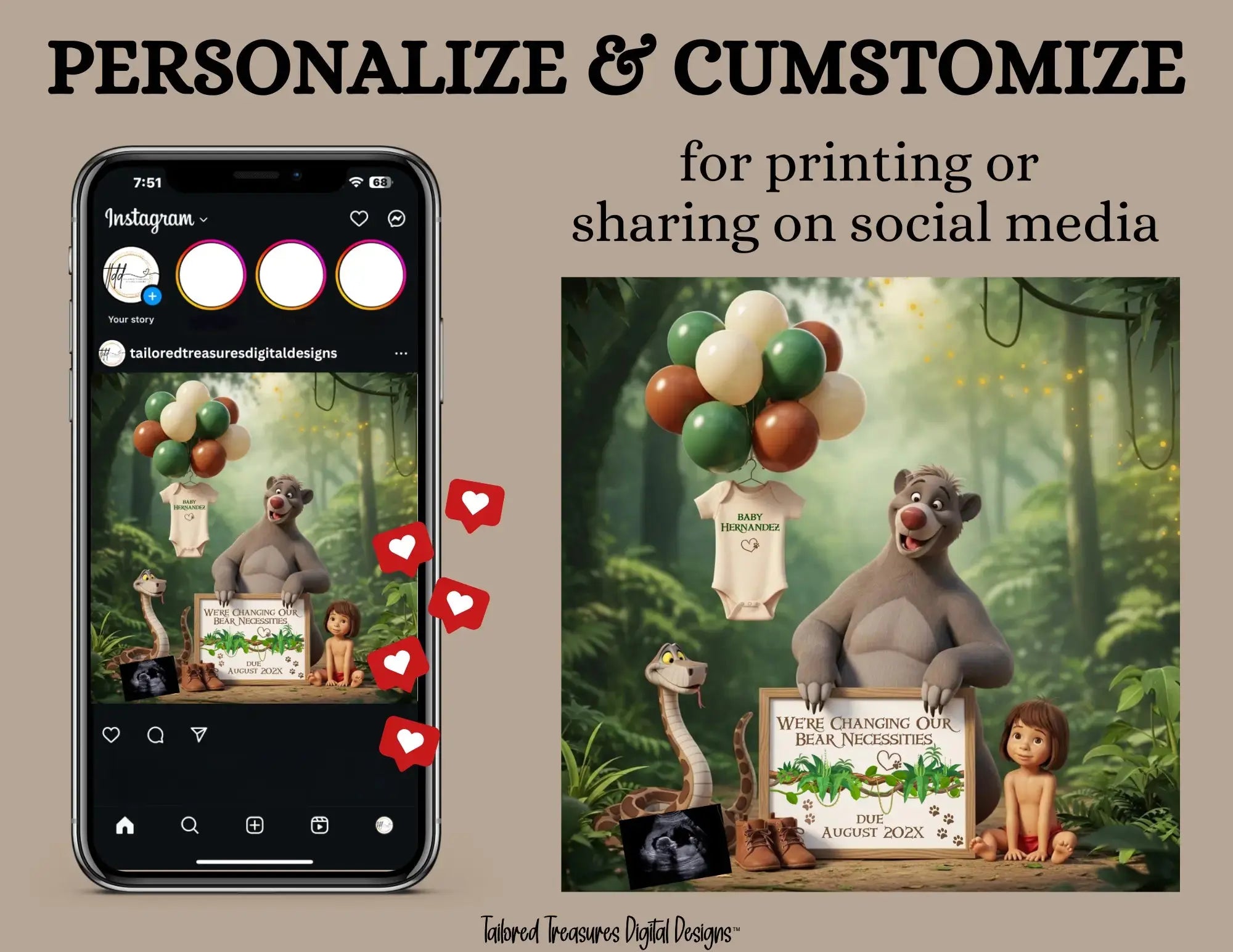 Disney Jungle Book Pregnancy Reveal, We're Changing Our Bear Necessities, Digital Pregnancy Announcement, Customizable Personalized Editable Template TailoredTreasuresDigitalDesigns™