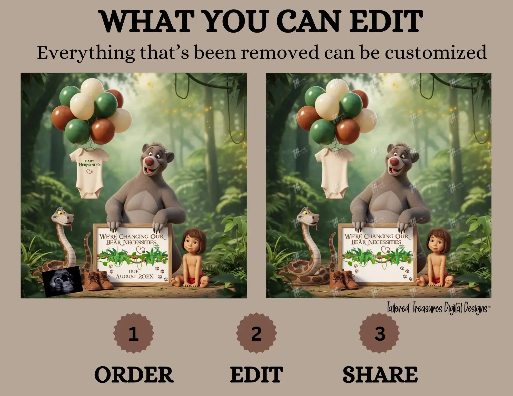 Disney Jungle Book Pregnancy Reveal, We're Changing Our Bear Necessities, Digital Pregnancy Announcement, Customizable Personalized Editable Template TailoredTreasuresDigitalDesigns™