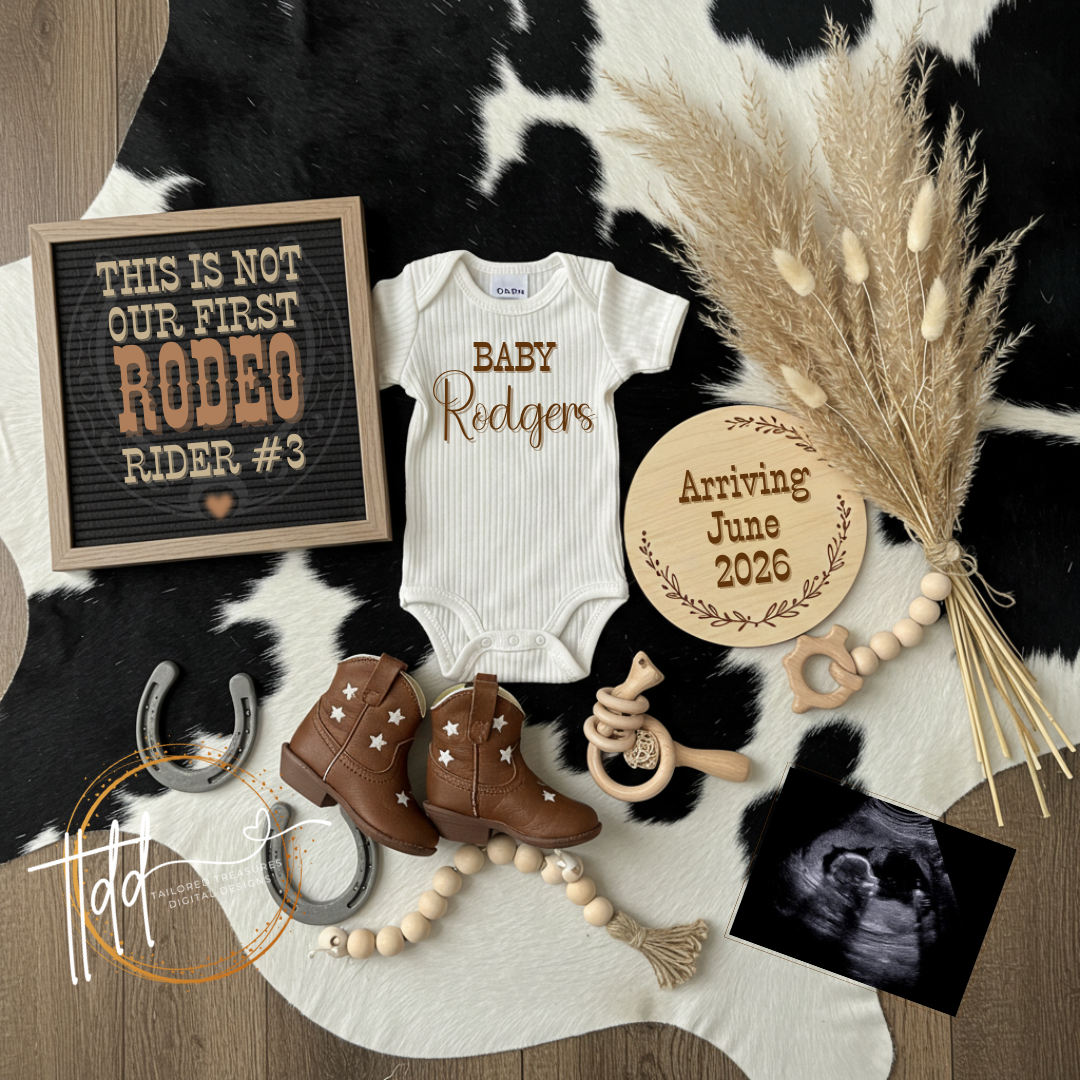 Digital Western Pregnancy Announcement, This is Not Our First Rodeo, Customizable Cowboy Themed, Personalized Editable Template TailoredTreasuresDigitalDesigns™