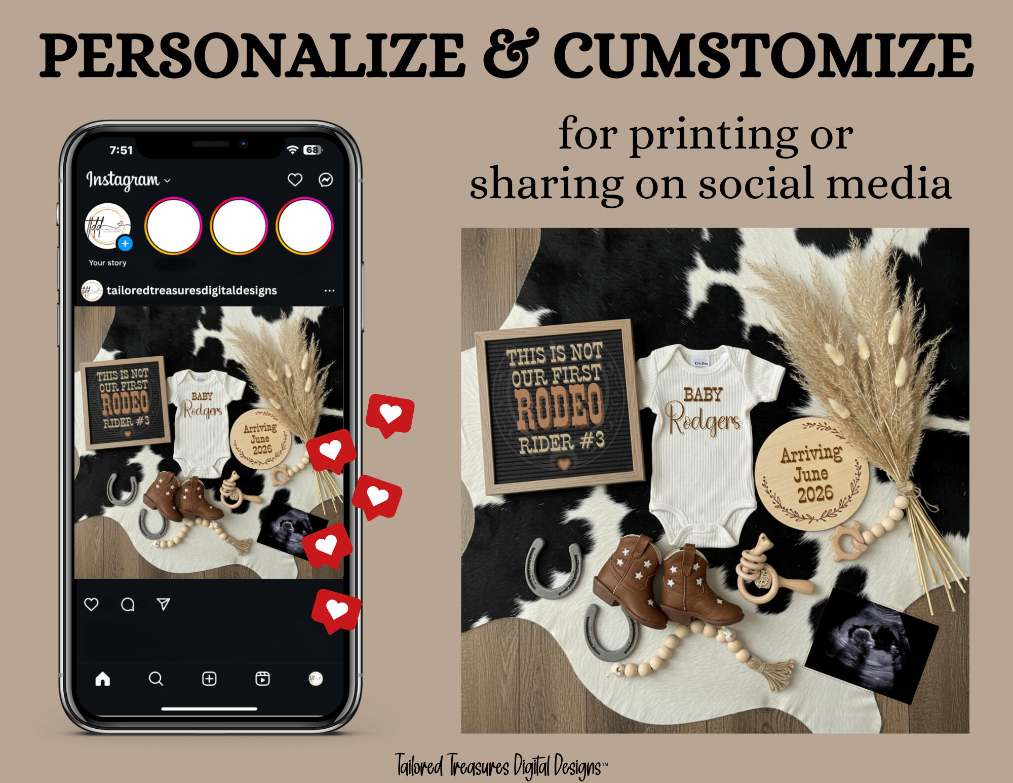 Digital Western Pregnancy Announcement, This is Not Our First Rodeo, Customizable Cowboy Themed, Personalized Editable Template TailoredTreasuresDigitalDesigns™