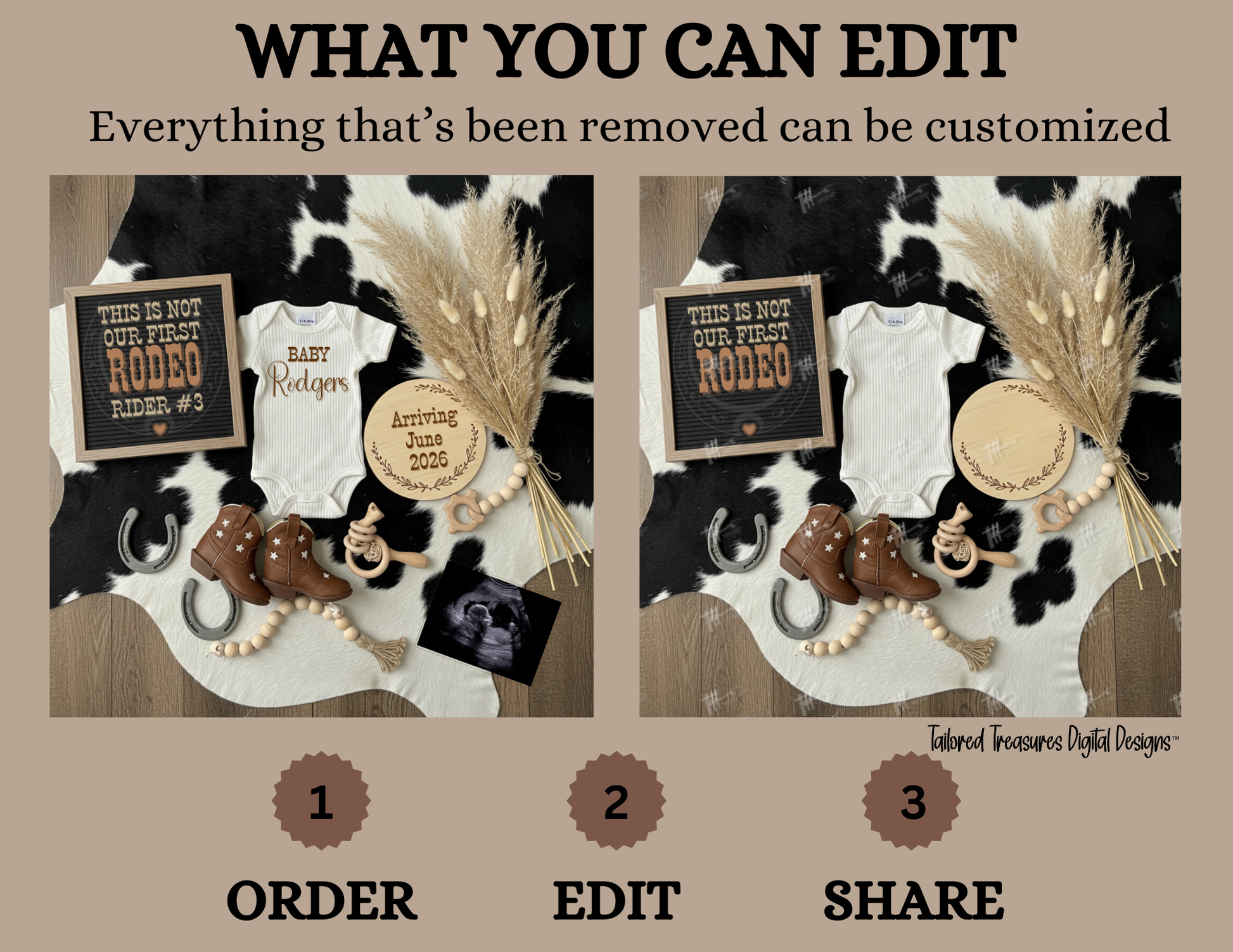 Digital Western Pregnancy Announcement, This is Not Our First Rodeo, Customizable Cowboy Themed, Personalized Editable Template TailoredTreasuresDigitalDesigns™