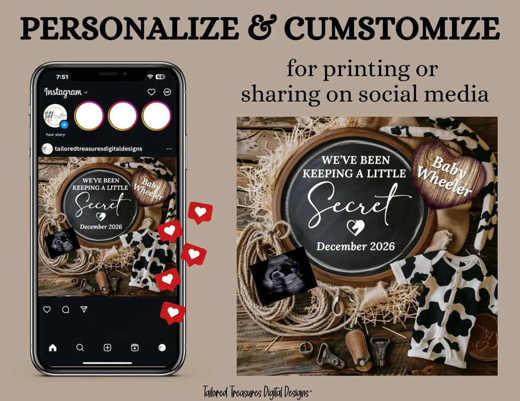 Digital Western Pregnancy Announcement, We've Been Keeping a Little Secret, Customizable Rodeo Themed, Personalized Editable Template TailoredTreasuresDigitalDesigns™